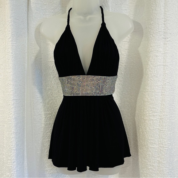 STUNNING Vintage NWT SKY Halter Top L Black Bling Rhinestone Belt Trim RHOC ASOS - Picture 3 of 8